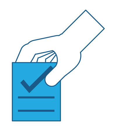 hand with votation paper with check icon over white background,  blue shading design. vector illustrationのイラスト素材