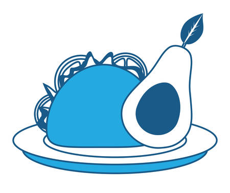 dish with taco and half avocado icon over white background, blue shading design. vector illustrationのイラスト素材