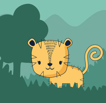Cute cat in a forest, colorful design vector illustrationのイラスト素材