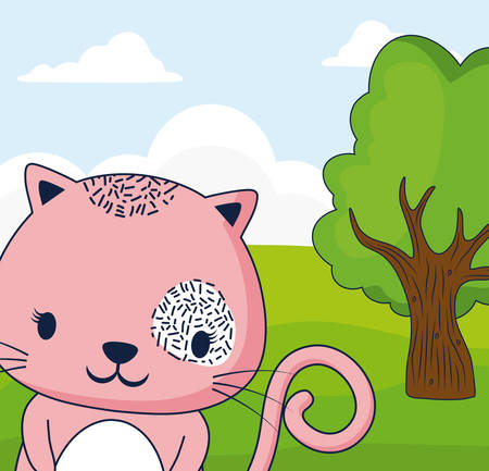 Cute cat in a forest, colorful design vector illustrationのイラスト素材