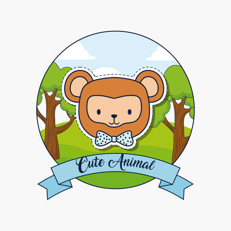 Cute animals design with monkey icon and decorative ribbon over forest and white background, colorful design. vector illustrationのイラスト素材