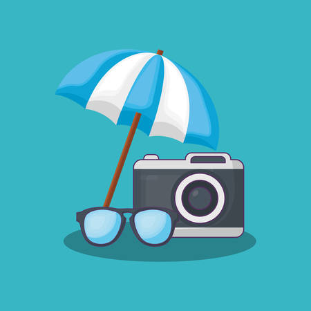Summer time design with camera with beach parasol over blue background, colorful design vector illustrationのイラスト素材