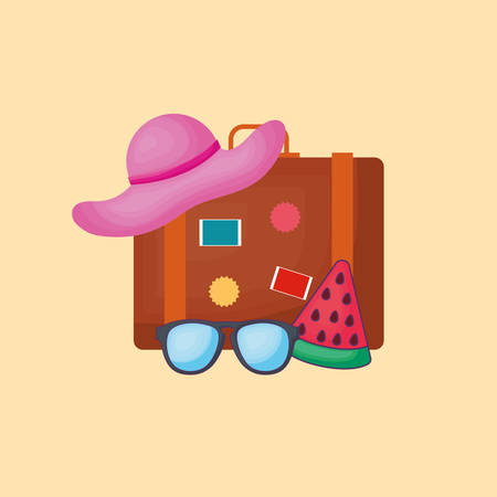 Summer time design with travel suitcase and beach hat and sunglasses over orange background, colorful design vector illustrationのイラスト素材