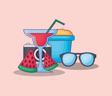 camera with cocktail and related icons over pink background, colorful design vector illustrationのイラスト素材