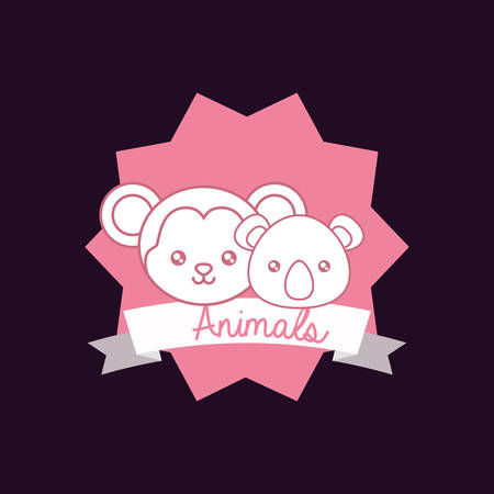 Cute animals design with decorative frame and ribbon with monkey and koala over purple background, colorful design vector illustrationのイラスト素材