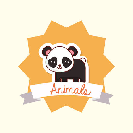 Cute animals design with decorative frame and ribbon with panda bear over yellow background, colorful design vector illustrationのイラスト素材