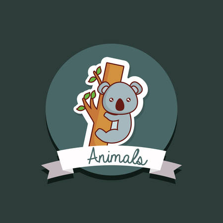 Cute animals design with decorative frame and ribbon with koala over gray  background, colorful design vector illustrationのイラスト素材