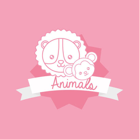 Cute animals design with decorative frame and ribbon with lion and monkey over pink background, colorful design vector illustrationのイラスト素材