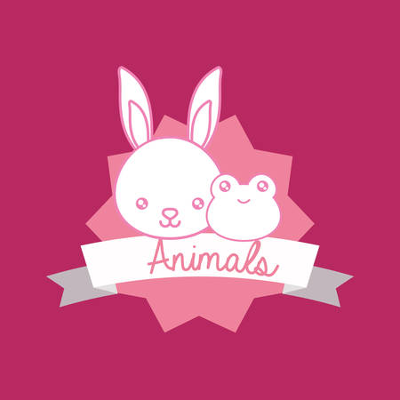 Cute animals design with decorative frame and ribbon with rabbit and frog over pink background, colorful design vector illustrationのイラスト素材