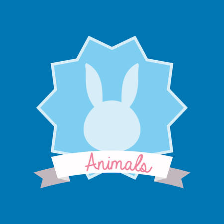 Cute animals design with decorative frame and ribbon with rabbit head over blue background, colorful design vector illustrationのイラスト素材