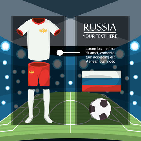 Infographic design of Soccer  Russia concept with Russian Football uniform and russia flag over stadium background, colorful design vector illustrationのイラスト素材