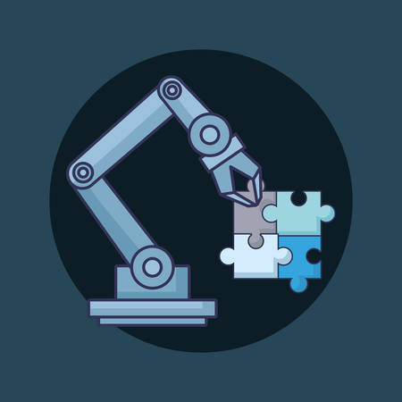 Robotic arm holding a puzzle pieces over black circle and blue background, colorful design vector illustrationのイラスト素材