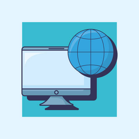 Computer with global sphere icon over blue background, colorful deign vector illustrationのイラスト素材