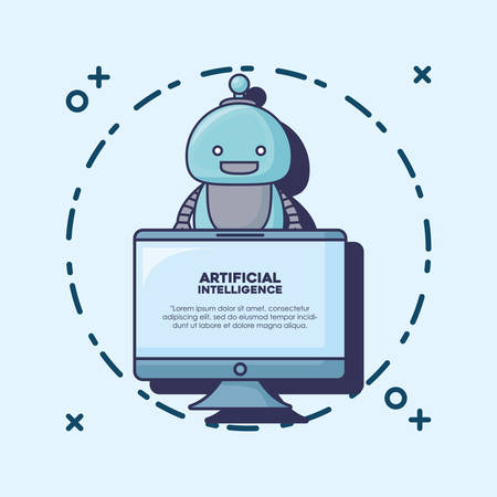 Artificial Intelligence design  with cartoon robot and computer icon over blue background, colorful design vector illustrationのイラスト素材