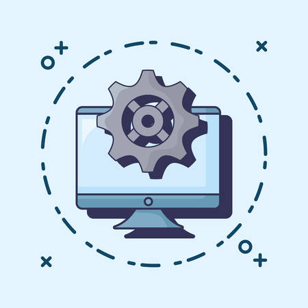 Computer with gear wheel icon over blue background, colorful deign vector illustrationのイラスト素材