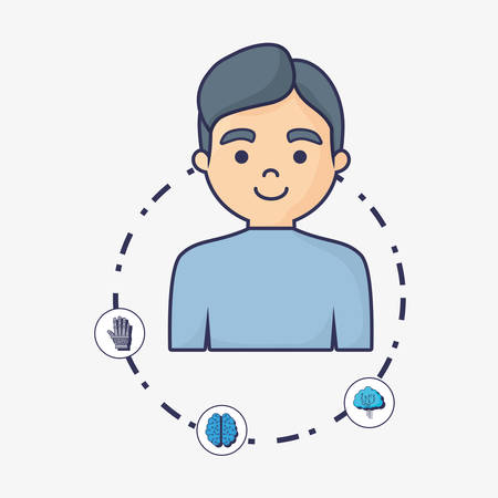 Artificial intelligence design with cartoon man and related icons around over white background, colorful design vector illustrationのイラスト素材