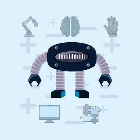 Robot with artificial intelligence related icons over blue background, colorful design vector illustrationのイラスト素材