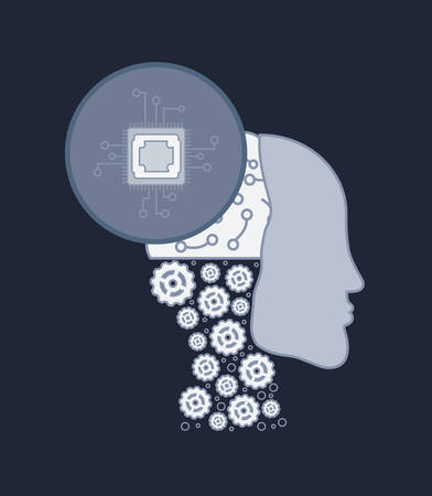 Artificial Intelligence design with robotic head and chip over black background, colorful design vector illustrationのイラスト素材