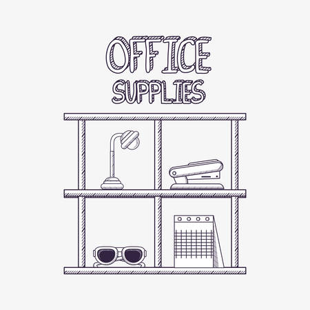 Shelves with office supplies and elements over white background, sketch design. vector illustrationのイラスト素材