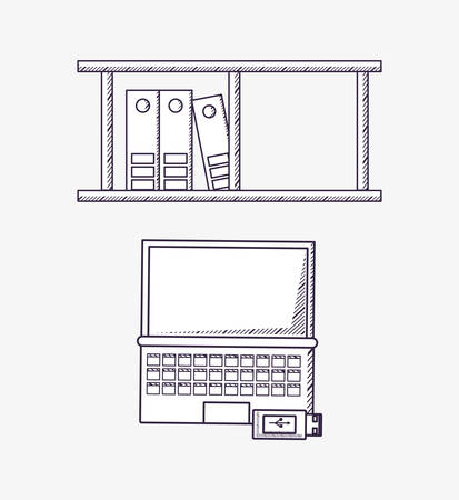 shelf with folders and laptop computer and usb over white background, sketch design. vector illustrationのイラスト素材