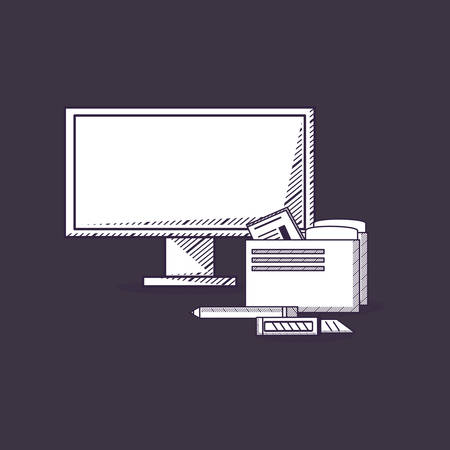 Office supplies design with computer and folder with documents over black background, sketch design vector illustrationのイラスト素材