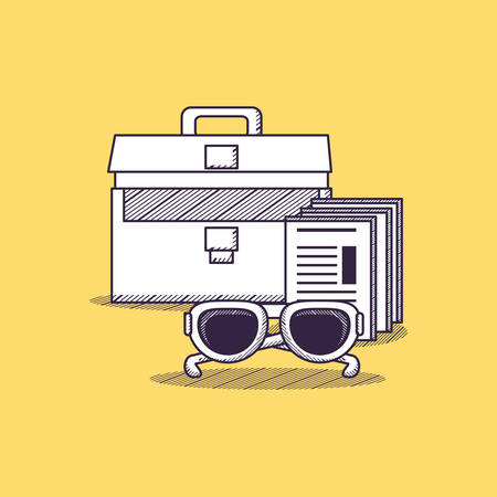 Office supplies design with briefcase and sunglasses over yellow background, sketch design vector illustrationのイラスト素材