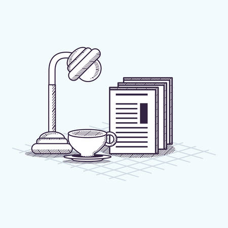 A desk lamp with document files and coffee mug over white background.のイラスト素材
