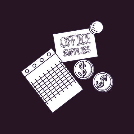 office supplies with calendar and money coins over black background, sketch design vector illustrationのイラスト素材