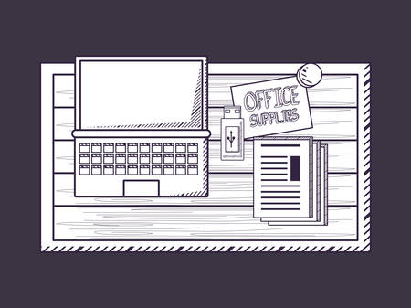 Office supplies design with Laptop computer and document pages  over black background, sketch design vector illustrationのイラスト素材