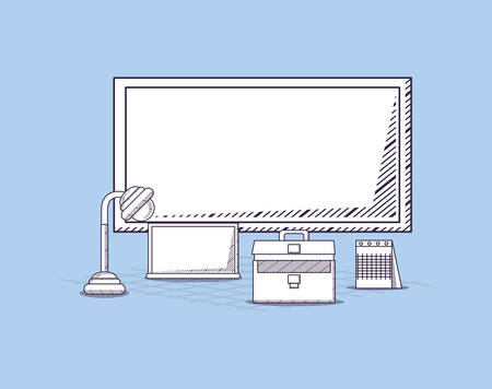  computer and office supplies related icons over blue background, sketch design vector illustrationのイラスト素材