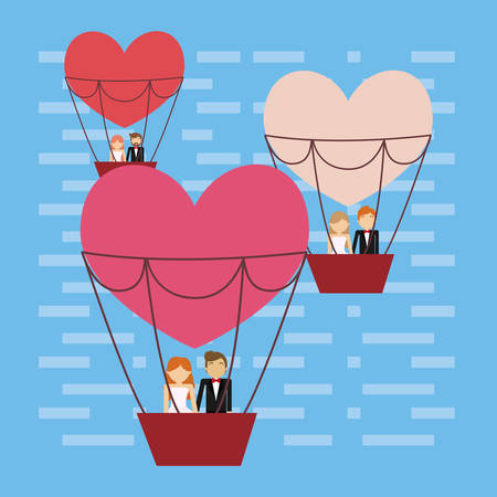 hot air balloons in heart shape with wedding couples over blue background, colorful design. vector illustrationのイラスト素材