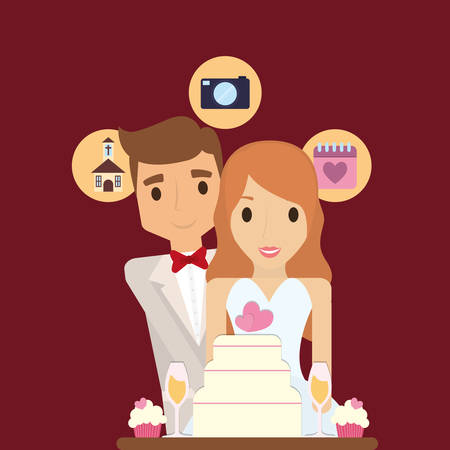 cartoon wedding couple with related icons around over red background, colorful design. vector illustrationのイラスト素材