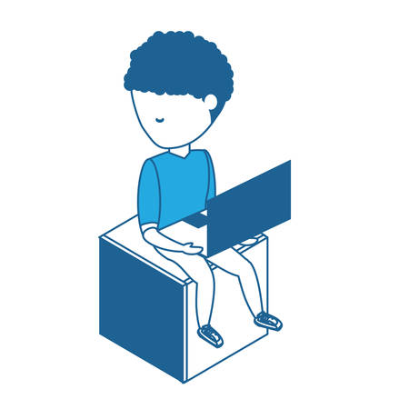 avatar young man sitting on a cube seat and using a laptop computer  over white background, blue shading design. vector illustrationのイラスト素材