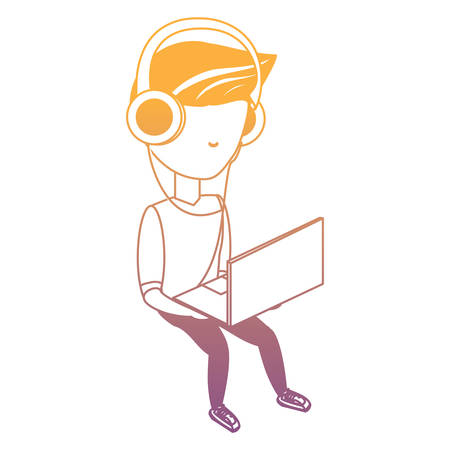 avatar young man sitting and using a laptop computer and headphones over white background, colorful design. vector illustrationのイラスト素材