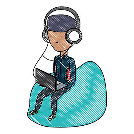 avatar young man sitting on a bean  bag and using a laptop computer and headphones over white background, colorful design. vector illustrationのイラスト素材