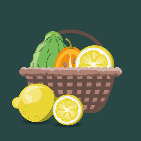 basket with citric fruits over green background, colorful design. vector illustrationのイラスト素材