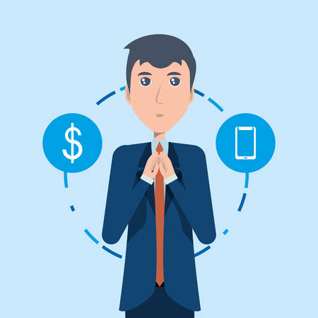 Cartoon businessman thinking with business related icons around over blue background, colorful design. vector illustrationのイラスト素材