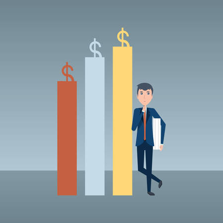 cartoon businessman and money chart over gray background, colorful design. vector illustrationのイラスト素材