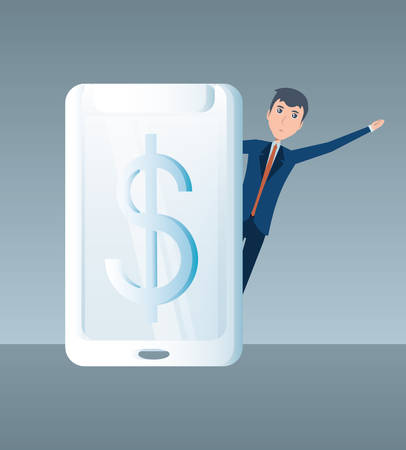 cellphone with money symbol and cartoon businessman over gray background, colorful design. vector illustrationのイラスト素材