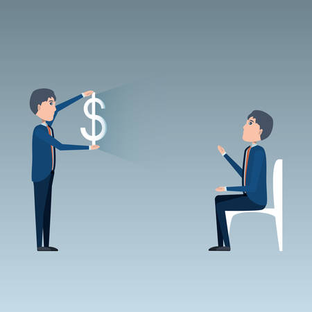 cartoon businessman showing a money symbol to other businessman sitting over gray background, colorful design. vector illustrationのイラスト素材