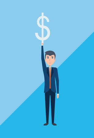 businessman holding a money symbol over blue background, colorful design. vector illustrationのイラスト素材