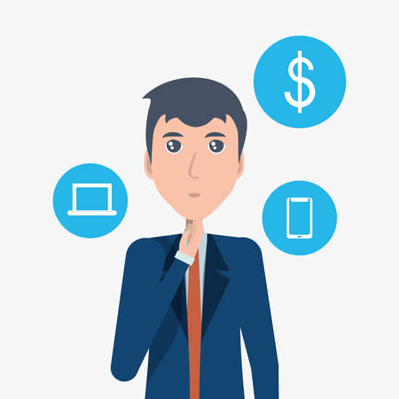 Cartoon businessman thinking with business related icons around over white background, colorful design. vector illustrationのイラスト素材