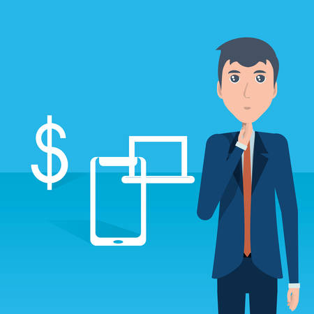businessman and technology devices and money symbol over blue background, colorful design. vector illustrationのイラスト素材
