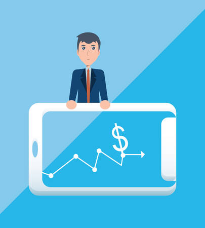 businessman with big cellphone over blue background, colorful design. vector illustrationのイラスト素材