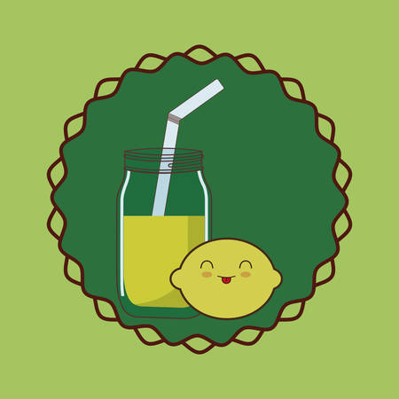 smoothie jar and lemon over green decorative frame and background, colorful design. vector illustrationのイラスト素材