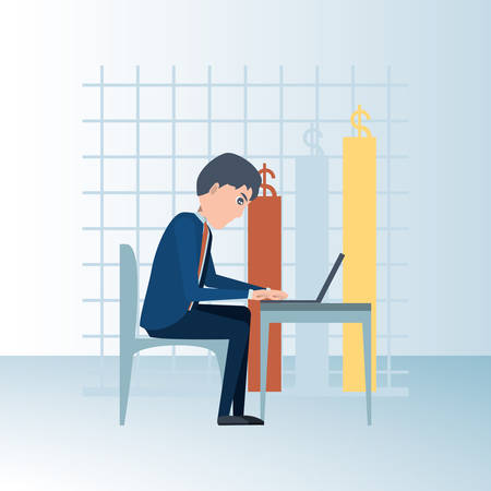 desk with businessman working over money chart and  white background, colorful design. vector illustrationのイラスト素材