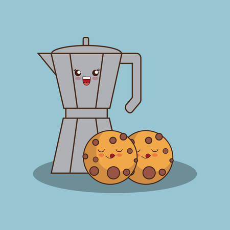 cookies and italian coffee maker over blue background, colorful design. vector illustrationのイラスト素材