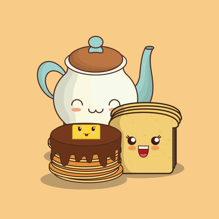 pancakes and tea pot over orange background, colorful design. vector illustrationのイラスト素材