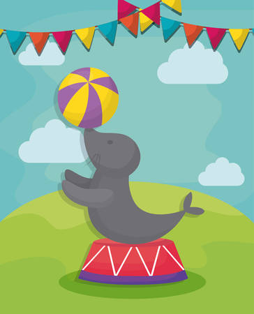 Circus seal lion and decorative pennants over landscape background, colorful design. vector illustrationのイラスト素材