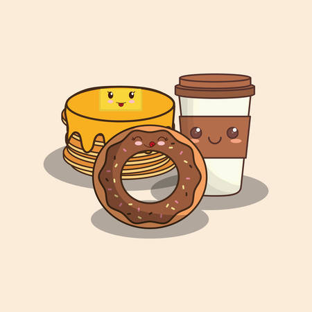 donut and pancakes with coffee cup over white background, colorful design. vector illustrationのイラスト素材